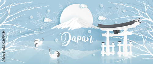 Panorama of travel postcard, poster, tour advertising of world famous landmarks of Japan with Fuji mountain ,Tori gate and Red-crowned crane in winter season in paper cut style. Vector illustration.