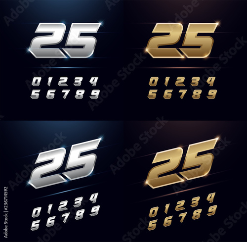 Numbers Silver and Golden Metal Chrome Alphabet Font. Number typography sport modern style gold fonts set. vector illustration