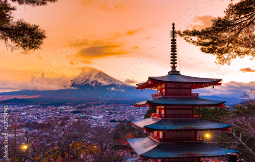 Fujiyoshida  Japan at Chureito Pagoda and Mt. Fuji .