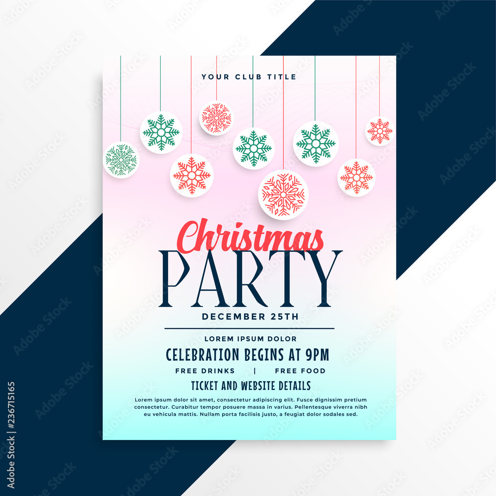 merry christmas party poster design with snowflakes balls