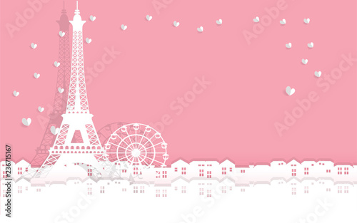 Valentine's card with Eiffel tower with heart paper cut. all in paper cut style vector illustration