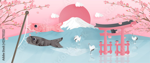 Panorama of travel postcard, poster, tour advertising of world famous landmarks of Japan with Fuji mountain and Red-crowned crane in paper cut style. Vector illustration.
