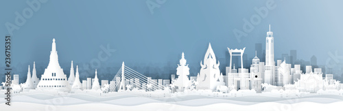 Panorama view of Thailand skyline with world famous landmarks in paper cut style vector illustration photo