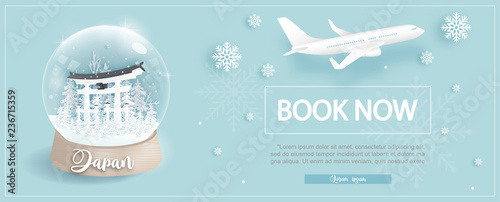 Flight and ticket advertising template with travel to Japanin winter season with Tori gate, famous landmarks in paper cut style vector illustration