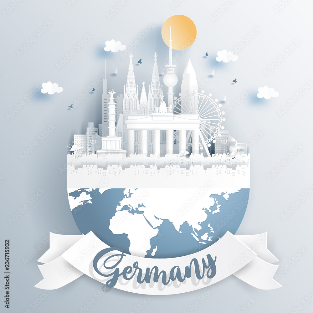 Germany landmarks on earth in paper cut style vector illustration.