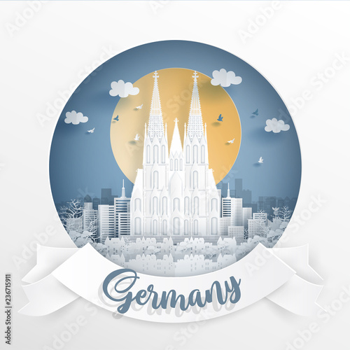 Cologne Cathedral, world famous landmark of Germany with white frame and label. Travel postcard and poster, brochure, advertising Vector illustration.