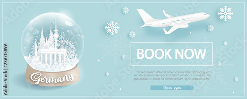 Flight and ticket advertising template with travel to Germany in Winter season with famous landmarks in paper cut style vector illustration