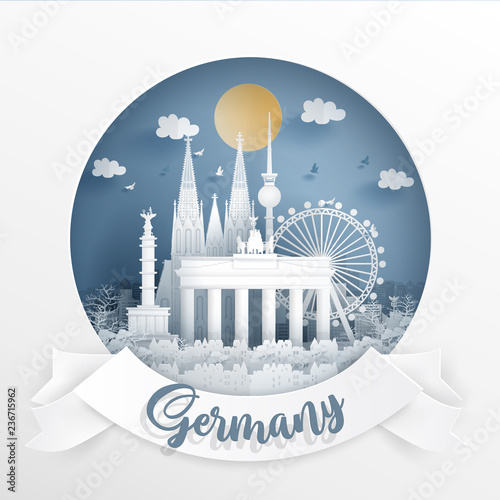 World famous landmark of Germany with white frame and label. Travel postcard and poster, brochure, advertising Vector illustration.