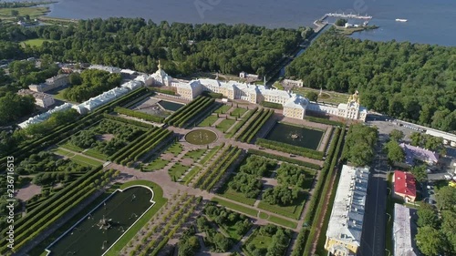 Flight around the Petrodvorets Palace in Peterhof Park, a suburb of St. Petersburg, Russia, 4k