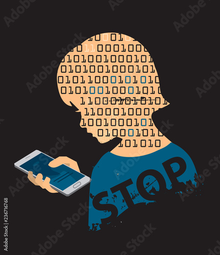 Little child with Mobile phone dependence.
Child stylized head silhouette with binary codes, Mobile phone and instription STOP. Social networks,smartphone addiction concept.Vector available.