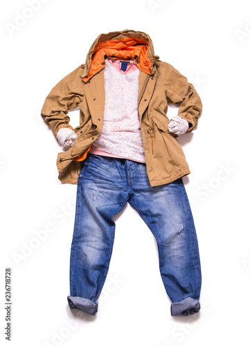 Layout of men casual clothes. Jacket, t-shirt and jeans isolated on white background