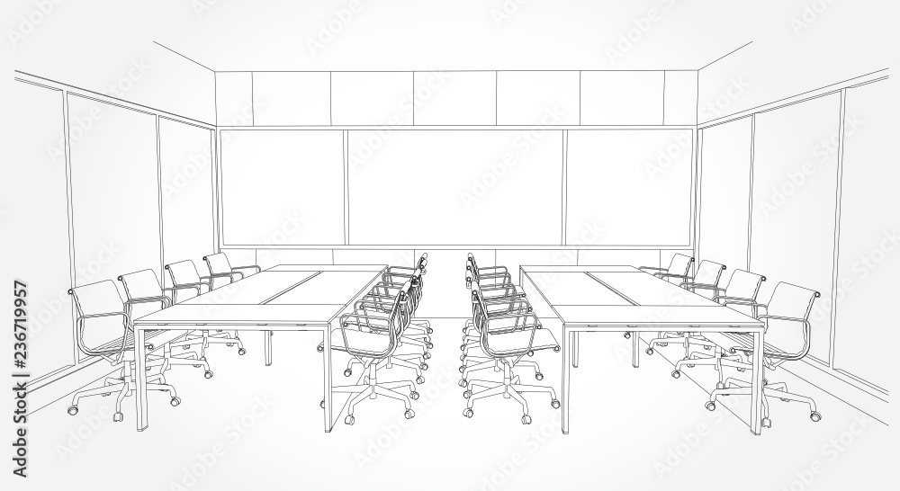 interior outline sketch drawing perspective of a space office.Workplaces . Tables, chairs and windows. Vector illustration in a sketch style. interior outline sketch drawing perspective of a space office.Workplaces . Tables, chairs and windows. Vector illustration in a sketch style.