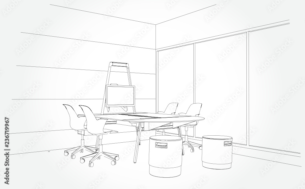 interior outline sketch drawing perspective of a space office.Workplaces . Tables, chairs and windows. Vector illustration in a sketch style. interior outline sketch drawing perspective of a space office.Workplaces . Tables, chairs and windows. Vector illustration in a sketch style.
