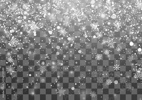 Christmas Snowfall template. Falling snowflakes on transparent background. Xmas holiday background. Vector illustration
