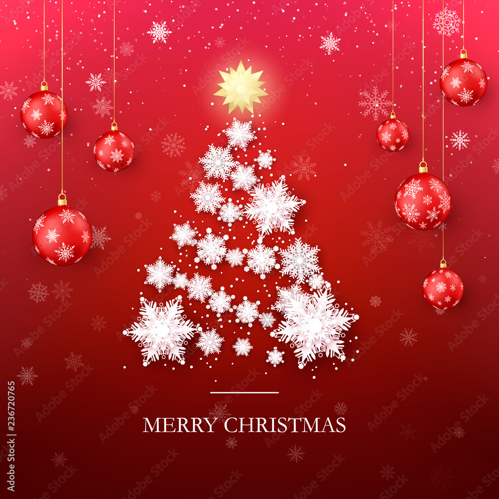 Christmas Tree Greeting Card. New Year Tree Silhouette from Paper Snowflakes and Red Christmas Balls on Background. Abstract Holiday Illustration. Vector Christmas Tree Greeting Card. New Year Tree Silhouette from Paper Snowflakes and Red Christmas Balls on Background. Abstract Holiday Illustration. Vector