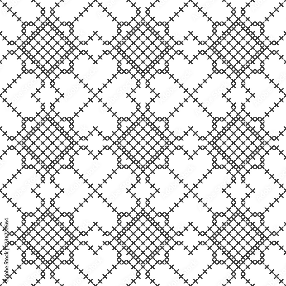 Cross stitch, seamless decorative pattern. Embroidery and knitting. Abstract geometric background. Ethnic ornaments.