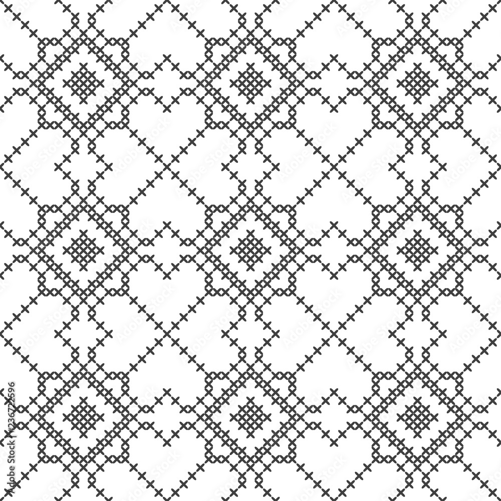 Cross stitch, seamless decorative pattern. Embroidery and knitting. Abstract geometric background. Ethnic ornaments.