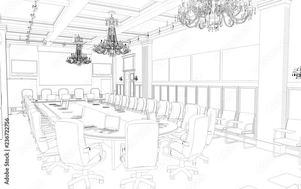 conference room, meeting room, contour visualization, 3D illustration, sketch, outline