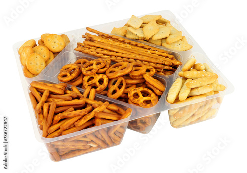 Pack of savoury pretzel and cracker snack mix isolated on a white background