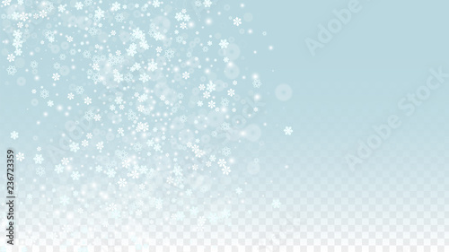 Christmas  Vector Background with White Falling Snowflakes Isolated on Transparent Background. Realistic Snow Sparkle Pattern. Snowfall Overlay Print. Winter Sky. Design for Party Invitation.