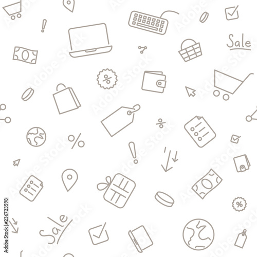 Seamless pattern shopping sale. Thin line icons on white background.