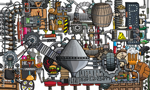 Bar, pub large illustration with beer, food and bar accessories