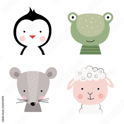 Cartoon cute animals for baby card and invitation. Vector illustration. Penguin, frog, mouse, sheep.