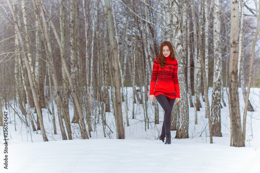 Holidays days, Christmas winter time. Woman in vacation walk outdoor. Girl in warm fashionable clothes, ladies fashion concept. Pretty nice scandinavian style