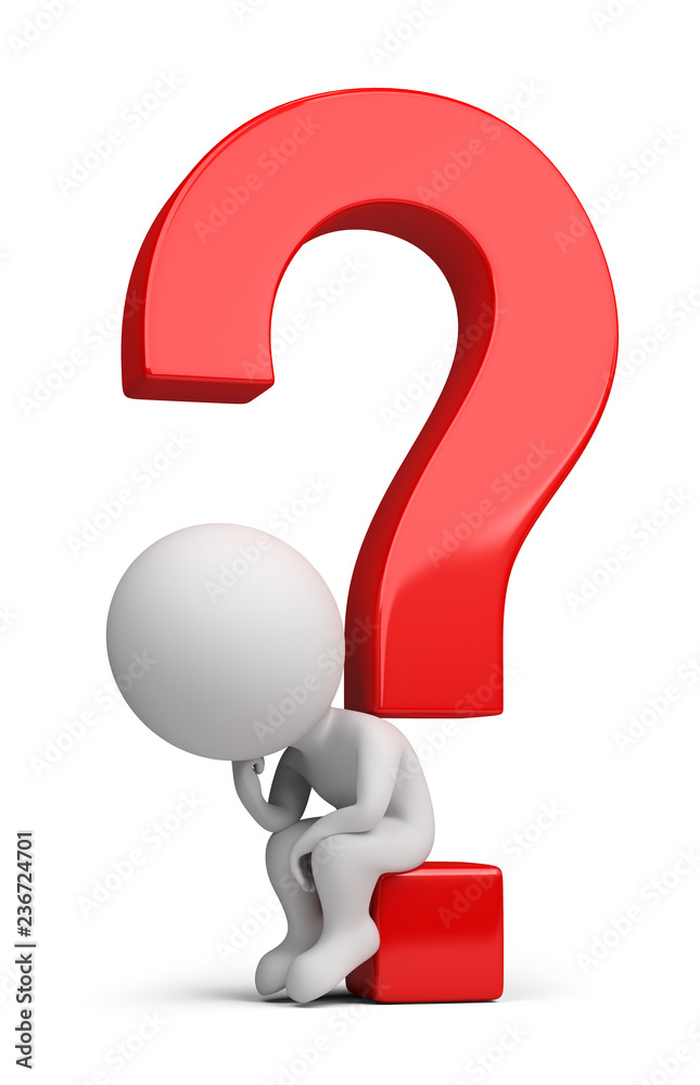 3d small people - thinker sitting on the question 3d small people - thinker sitting on the question