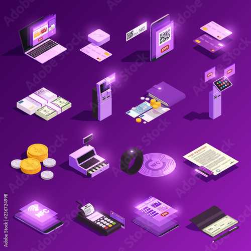 Payment Methods Glowing Isometric Icons