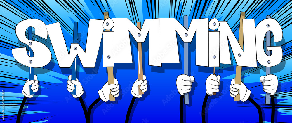 Diverse hands holding letters of the alphabet created the word Swimming. Vector illustration. Diverse hands holding letters of the alphabet created the word Swimming. Vector illustration.