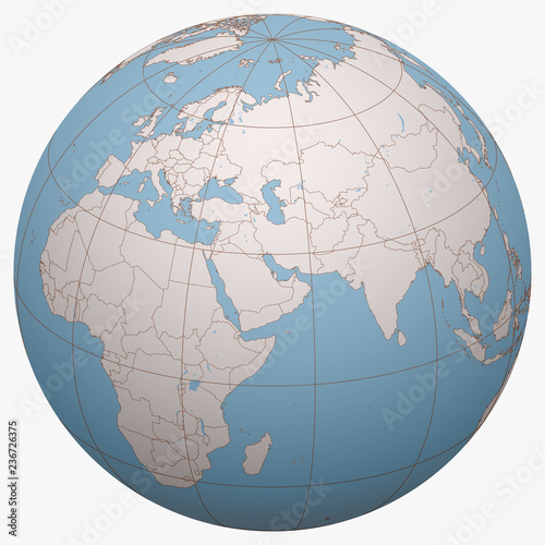 Bahrain on the globe. Earth hemisphere centered at the location of the Kingdom of Bahrain. Bahrain map.
