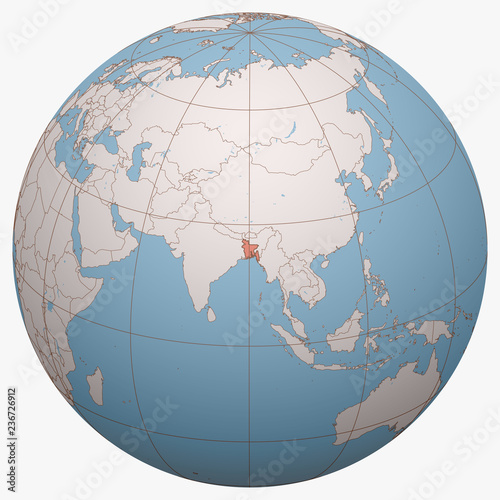Bangladesh on the globe. Earth hemisphere centered at the location of the People's Republic of Bangladesh. Bangladesh map.