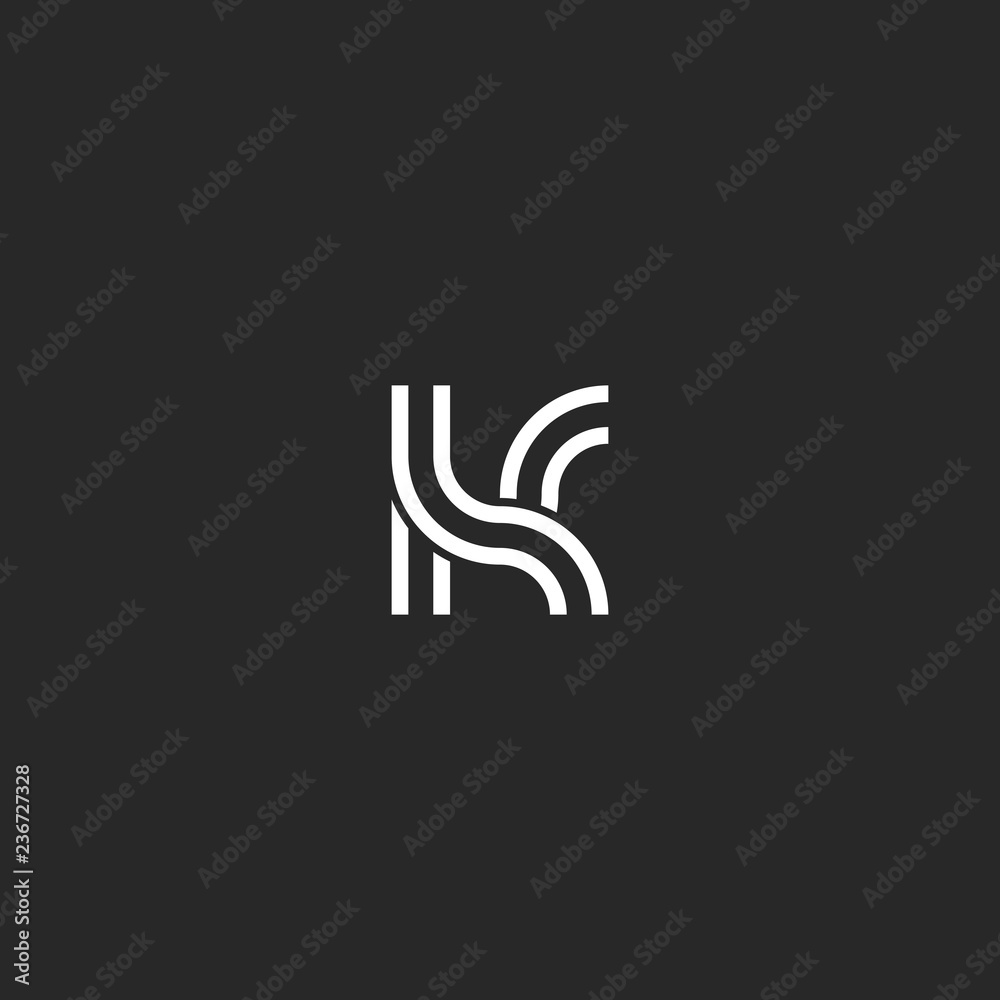 Creative design monogram K logo letter, linear art initial mark, parallel black and white lines simple minimal style hipster emblem Creative design monogram K logo letter, linear art initial mark, parallel black and white lines simple minimal style hipster emblem