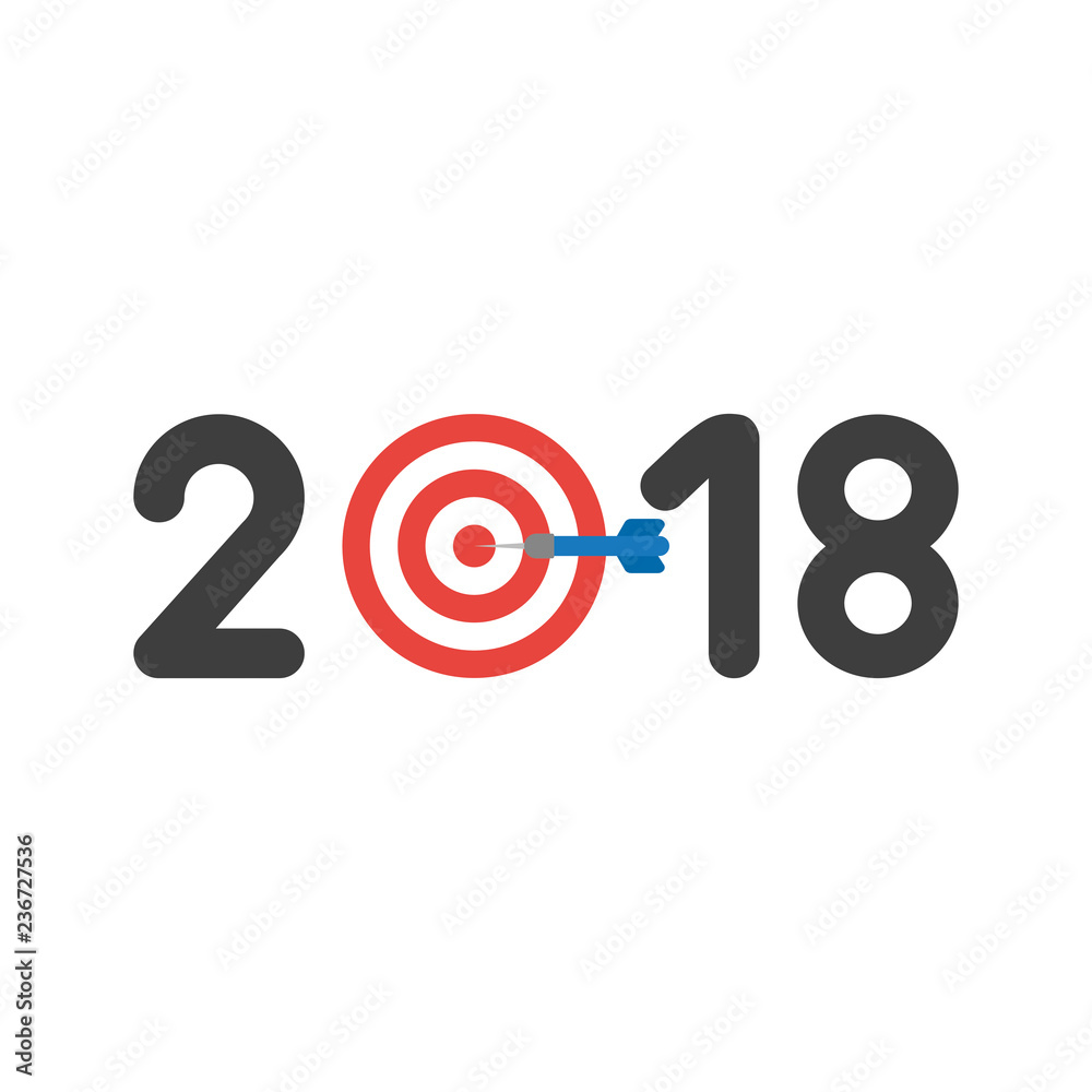 Vector icon concept of year of 2018 with bulls eye and dart in the center Vector icon concept of year of 2018 with bulls eye and dart in the center