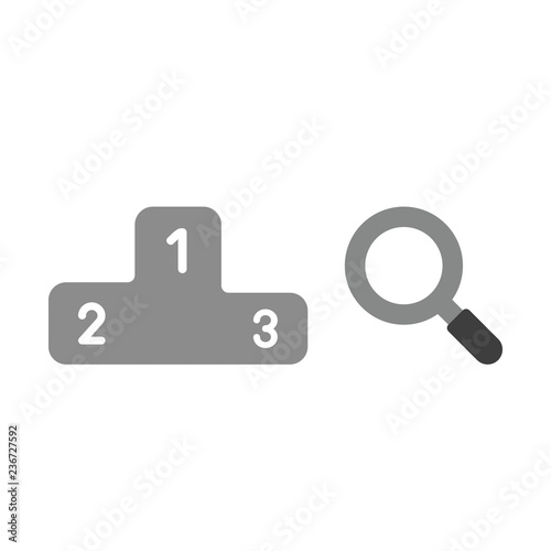 Vector icon concept of winners podium and magnifying glass