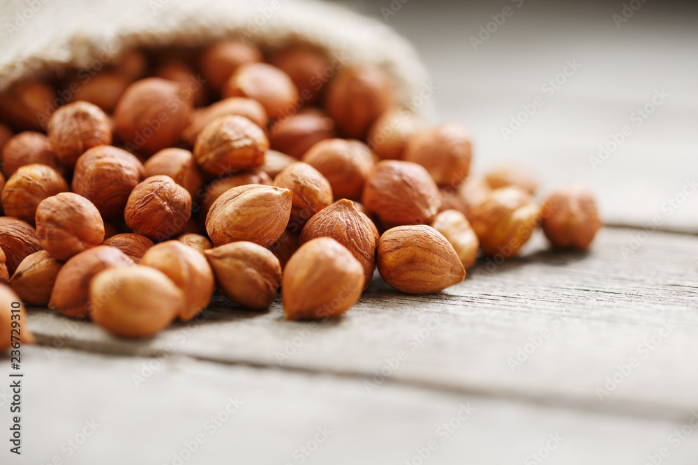 Chiselled hazelnuts in a bag of burlap on a gray wooden table. Organic Fresh Harvested Chiselled hazelnuts in a bag of burlap on a gray wooden table. Organic Fresh Harvested