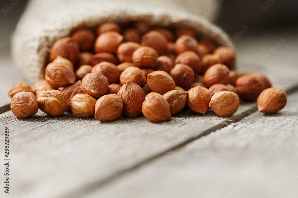 Chiselled hazelnuts in a bag of burlap on a gray wooden table. Organic Fresh Harvested Chiselled hazelnuts in a bag of burlap on a gray wooden table. Organic Fresh Harvested