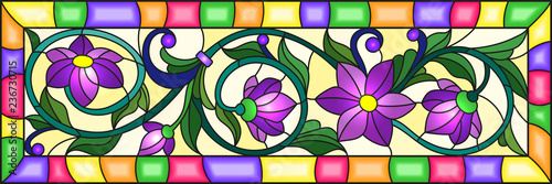 Illustration in stained glass style with a branch of a flowering plant with purple flowers on a yellow background in a bright frame,rectangular image