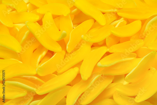 Yellow banana gummy candies. Top view. Jelly  sweets.