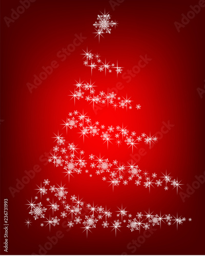 Abstract Christmas tree of snowflakes and sparks on a red background