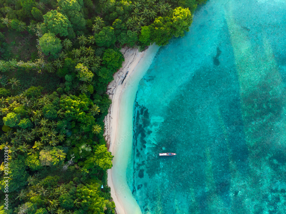 Aerial top down view tropical paradise pristine beach rainforest blue lagoon at Banda Island, Pulau Ay. Indonesia Moluccas archipelago, top travel destination, best diving snorkeling.