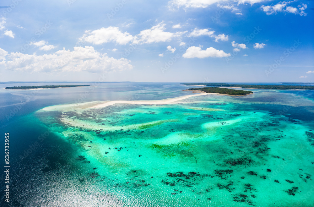 Aerial view tropical beach island reef caribbean sea. White sand bar Snake Island, Indonesia Moluccas archipelago, Kei Islands, Banda Sea, travel destination, best diving snorkeling