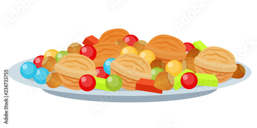 Traditional Jewish holiday Hanukkah. Festive traditional food sweets, nuts.