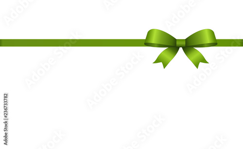 Decorative Green satin bow with horizontal  ribbon isolated on white. Vector gift bow with curled ribbon for page decor. Concept for invitation, banners, gift cards, congratulation or website