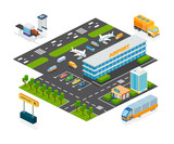 Set of objects modern airport facilities. Airport, hotel, cafe, parking.