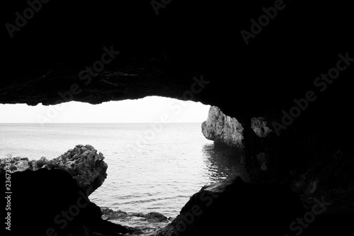 beach cave black and white