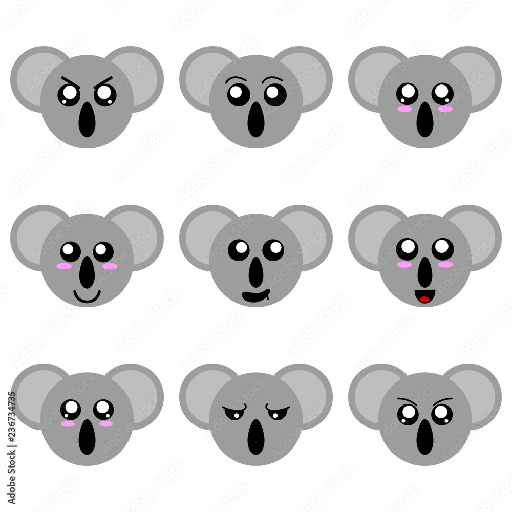 Collection of Koala Smiley Faces isolated on white background. Different Emotions. Vector Illustration for Your Design, Game, Card.