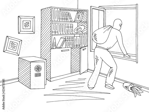Thief getting out the window in the office room graphic black white interior sketch illustration vector