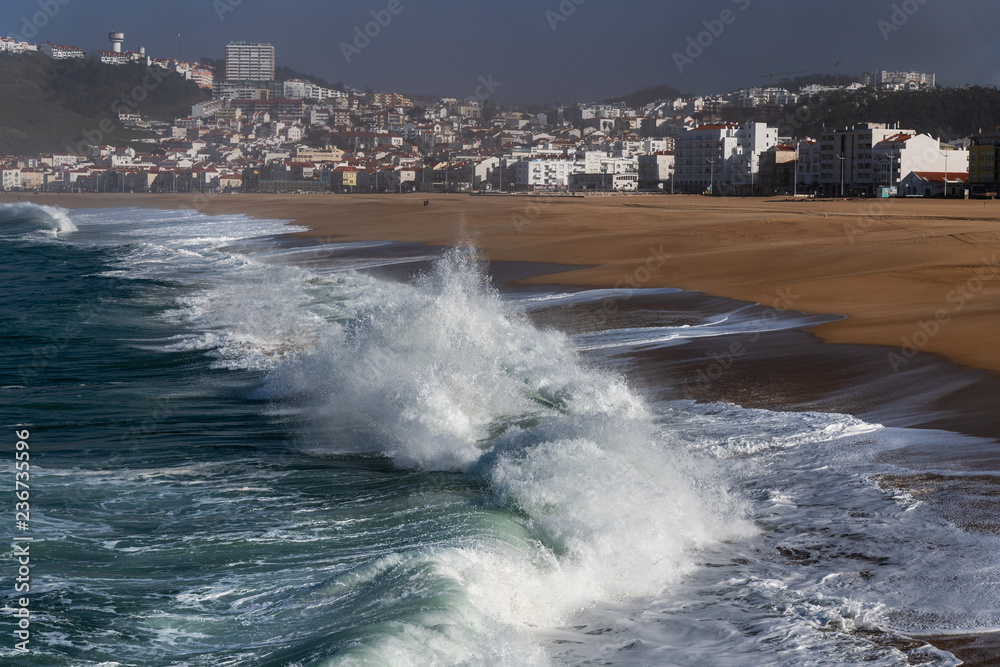 Nazare city beach in morning, Portugal.